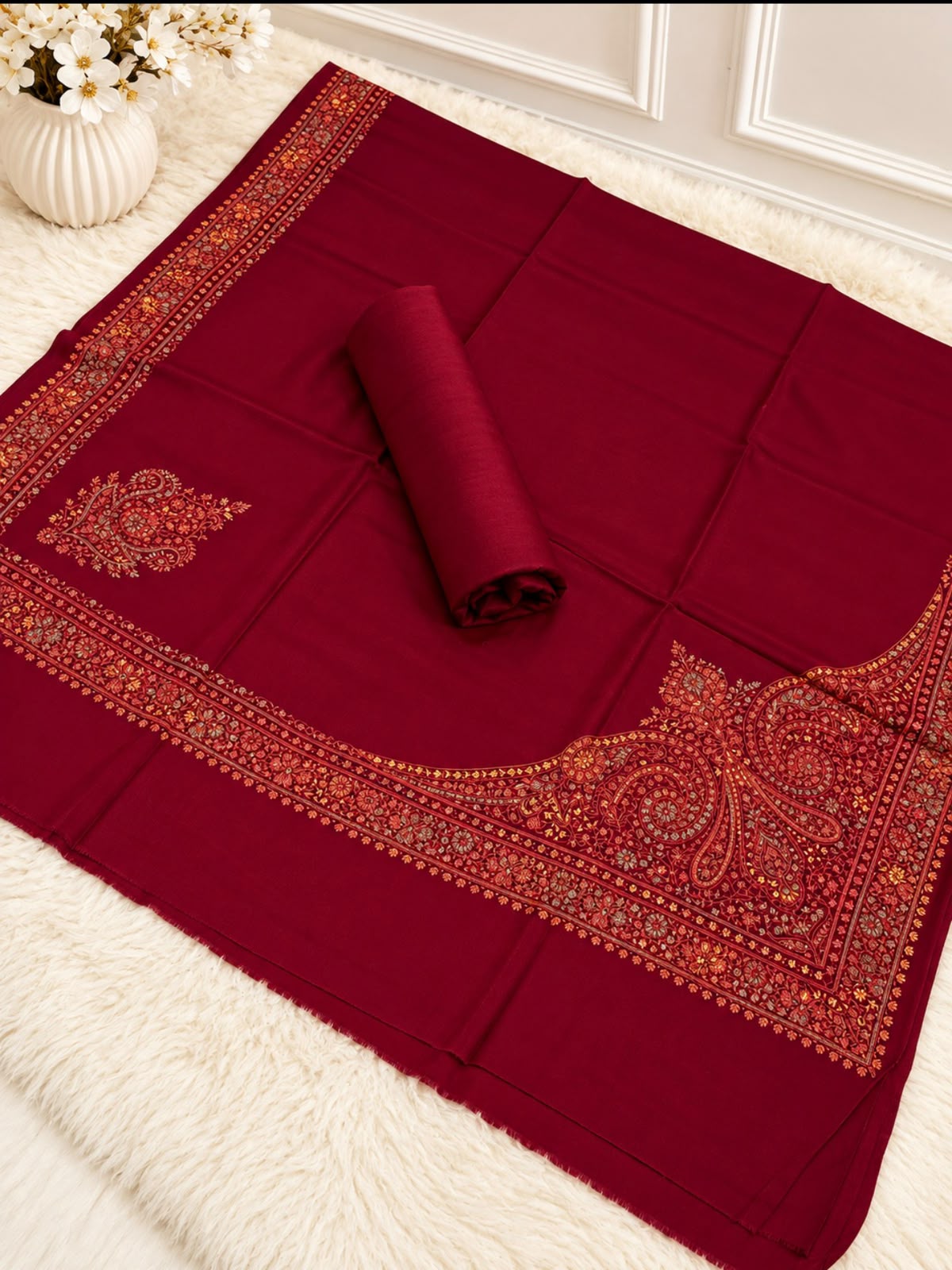 Pashmina Kacha Tanka jal design 3PC Maroon