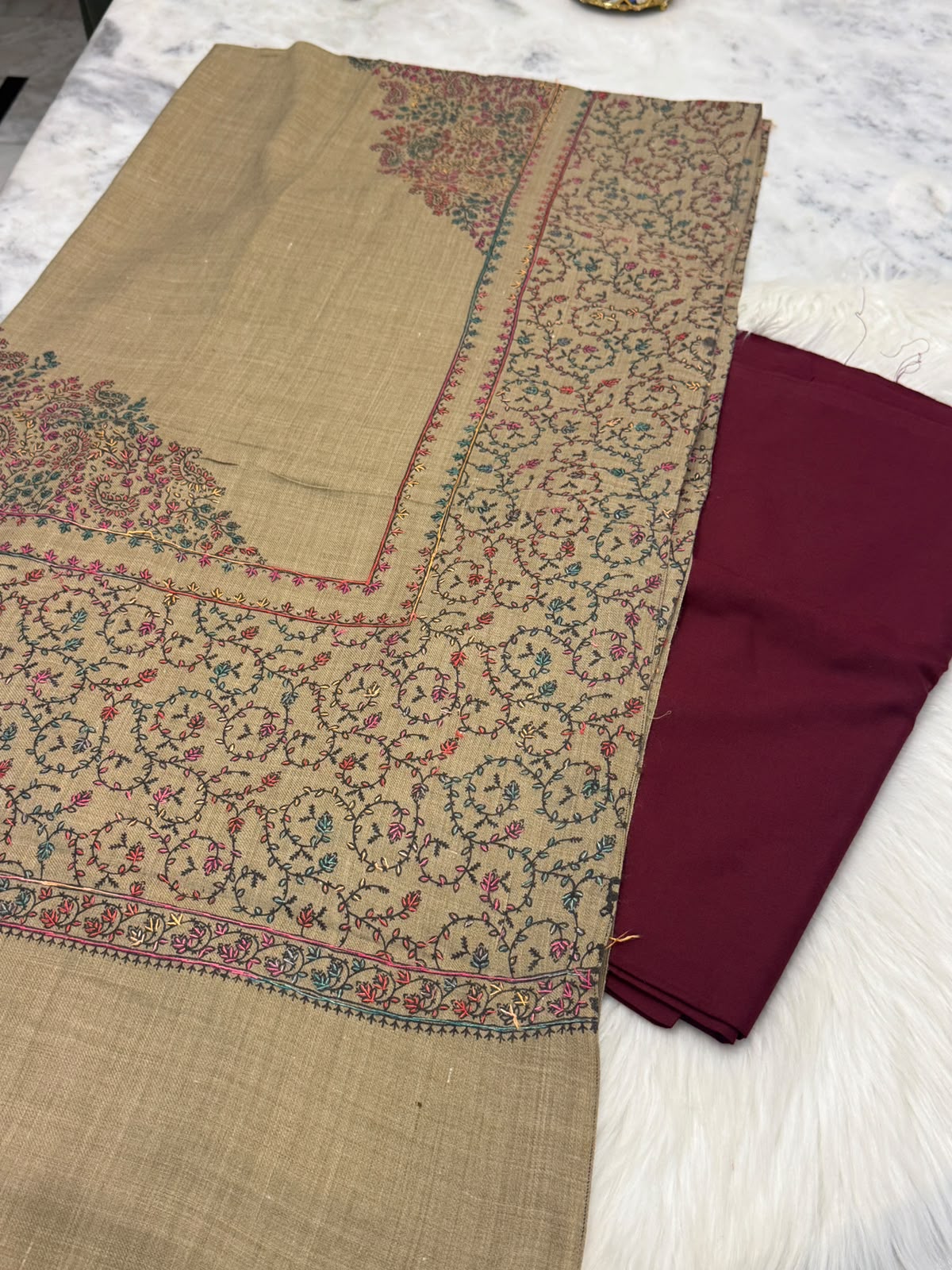 3PC Dhanak Suit with Hand-Embroidered Pashmina Shawl
