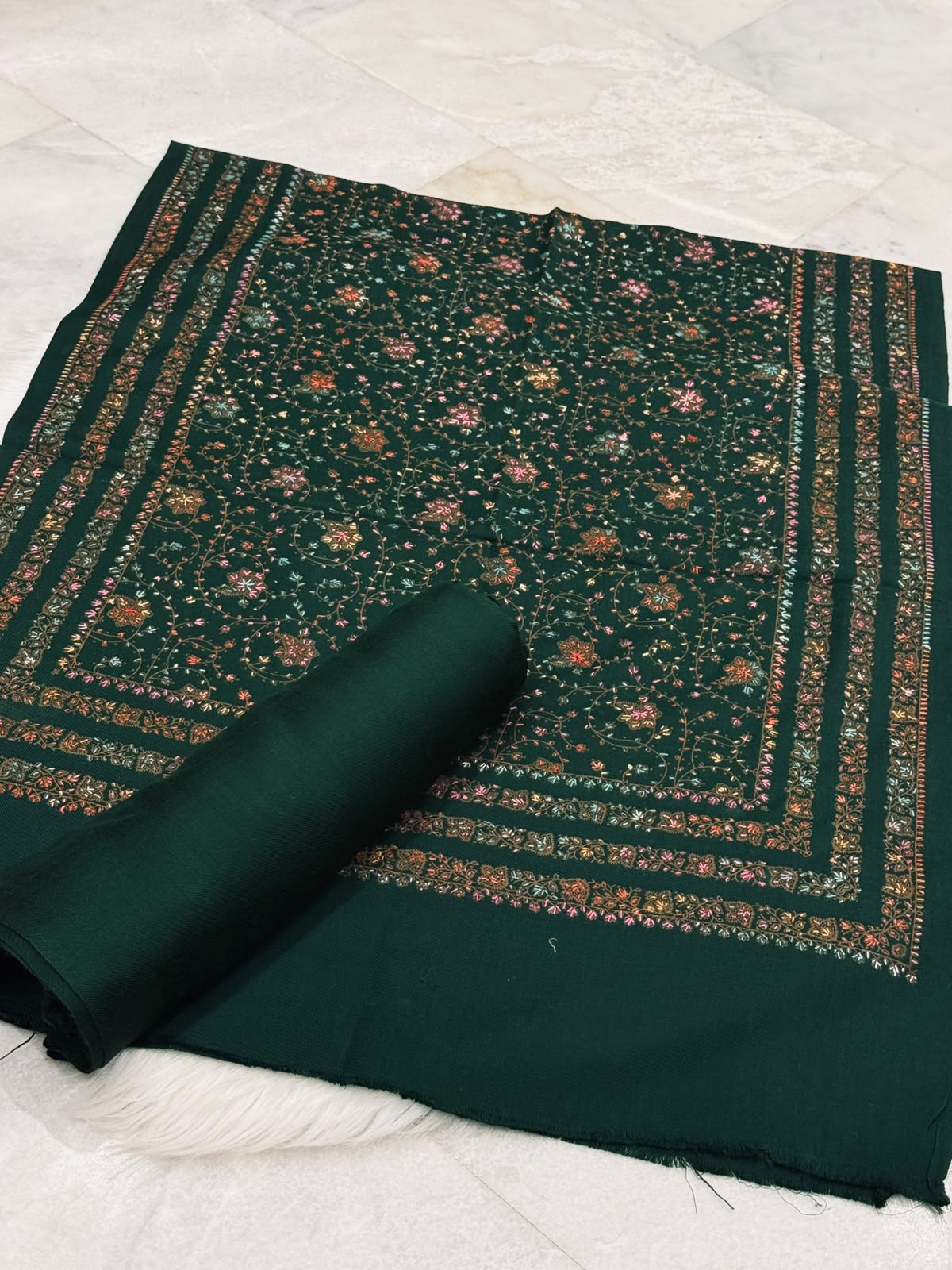 Pashmina wool Kacha Tanka 3PC with mini shawl bottle green