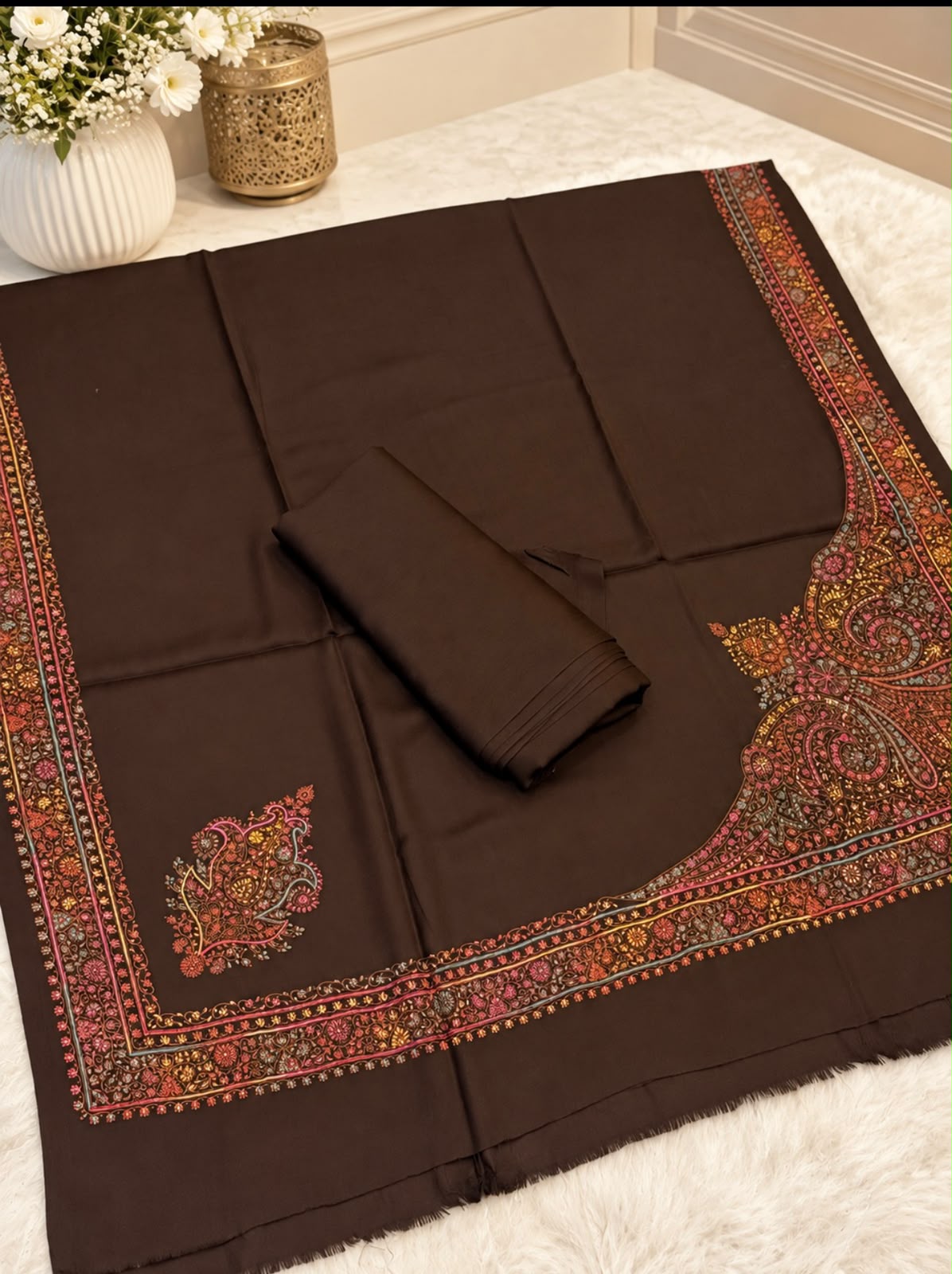 Pashmina Kacha Tanka jal design 3PC Brown