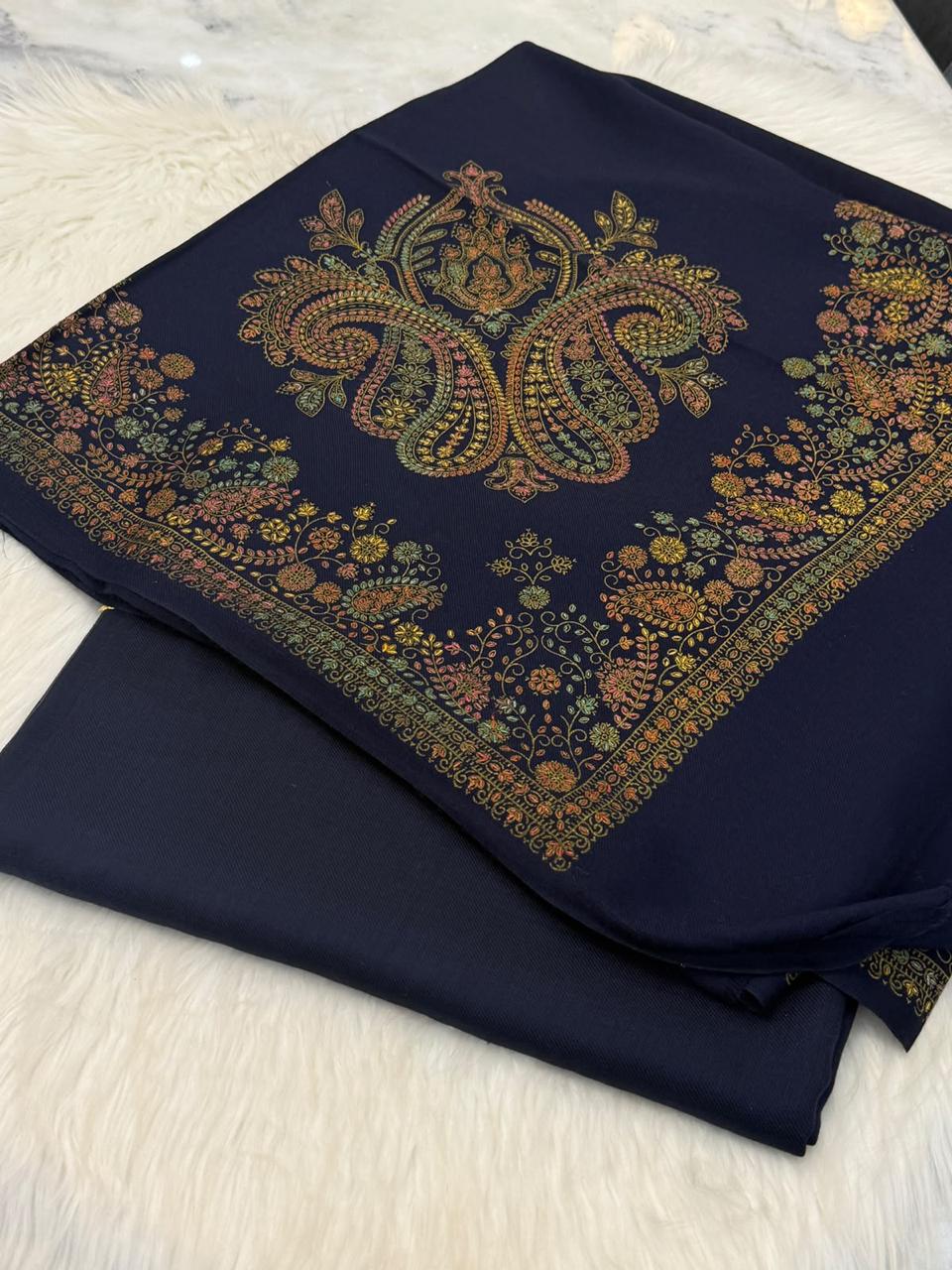 Navy blue Pashmina Kacha Tanka jal design 3PC