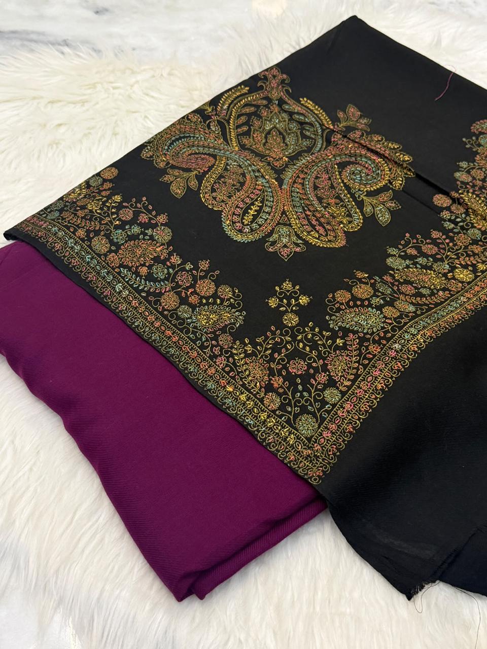 Navy Blue Pashmina Kacha Tanka jal design 3PC