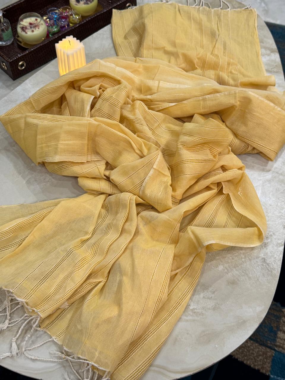 Mustard Yellow Cotton Dupatta with Subtle Stripe Detailing