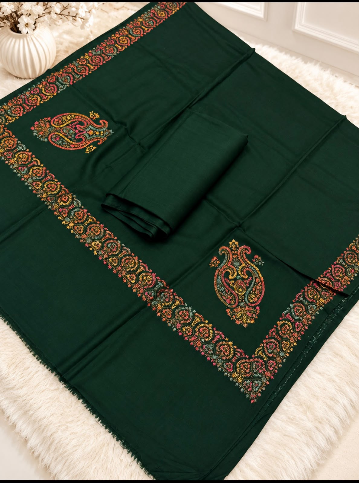 Pashmina Kacha Tanka jal design 3PC Bottle Green
