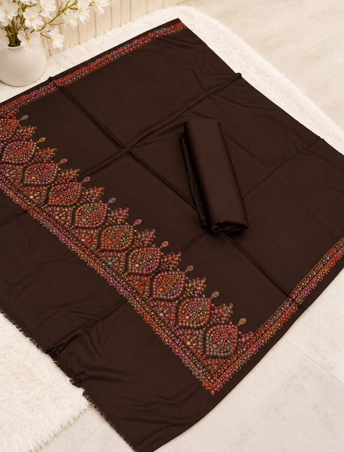 Pashmina Kacha Tanka jal design 3PC Brown