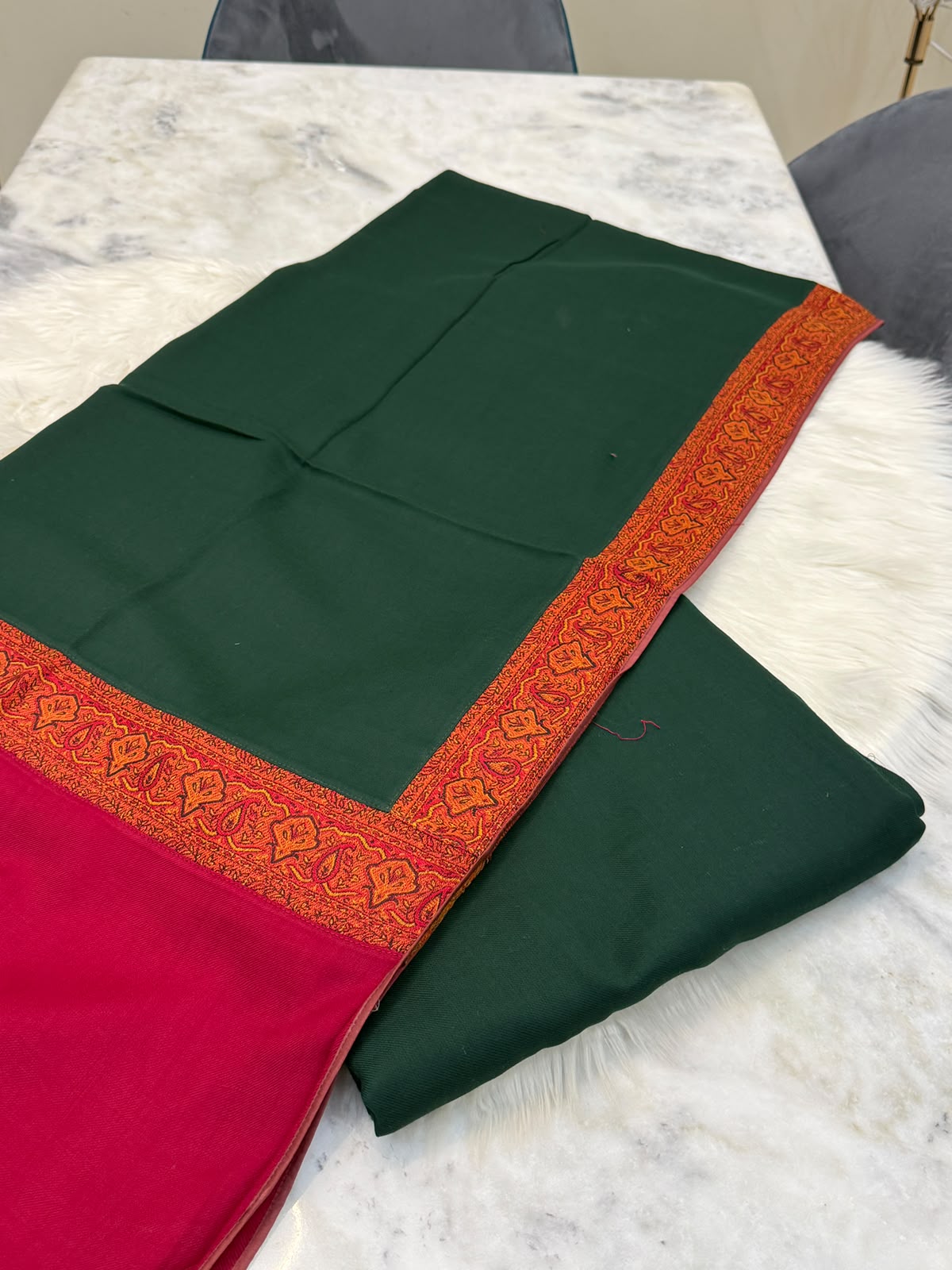 Pashmina Kacha Tanka Bottle green maroon 3PC
