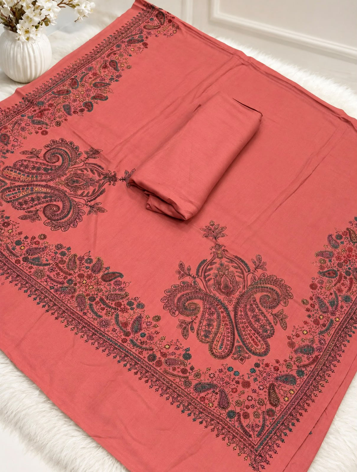 Pashmina Kacha Tanka jal design 3PC Tea Pink
