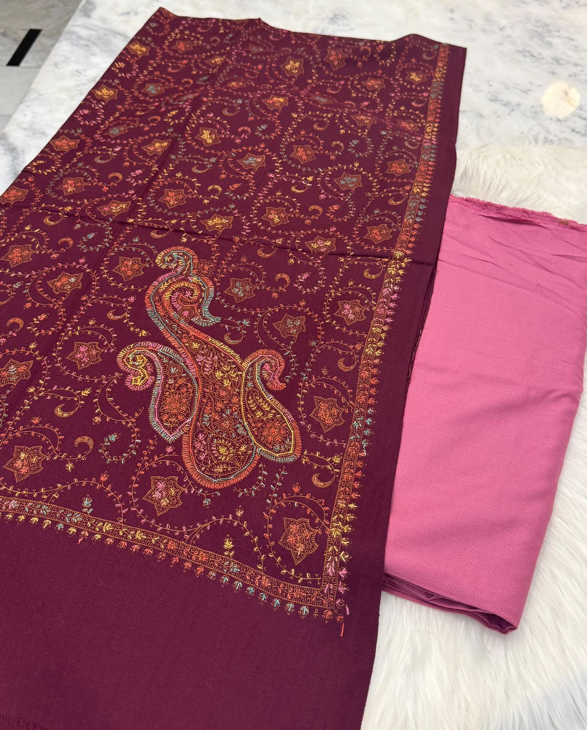 3PC Dhanak Suit with Hand-Embroidered Pashmina Shawl