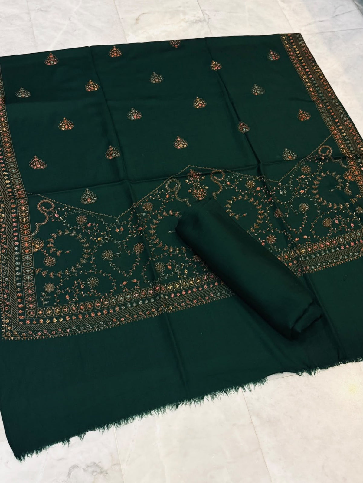 Pashmina Kacha Tanka jal design 3PC Bottle green