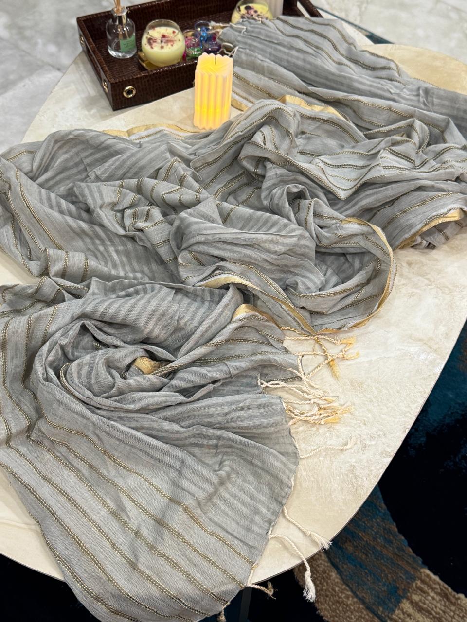 Graceful Grey & Gold Striped Dupatta with Subtle Sheen and Tassels