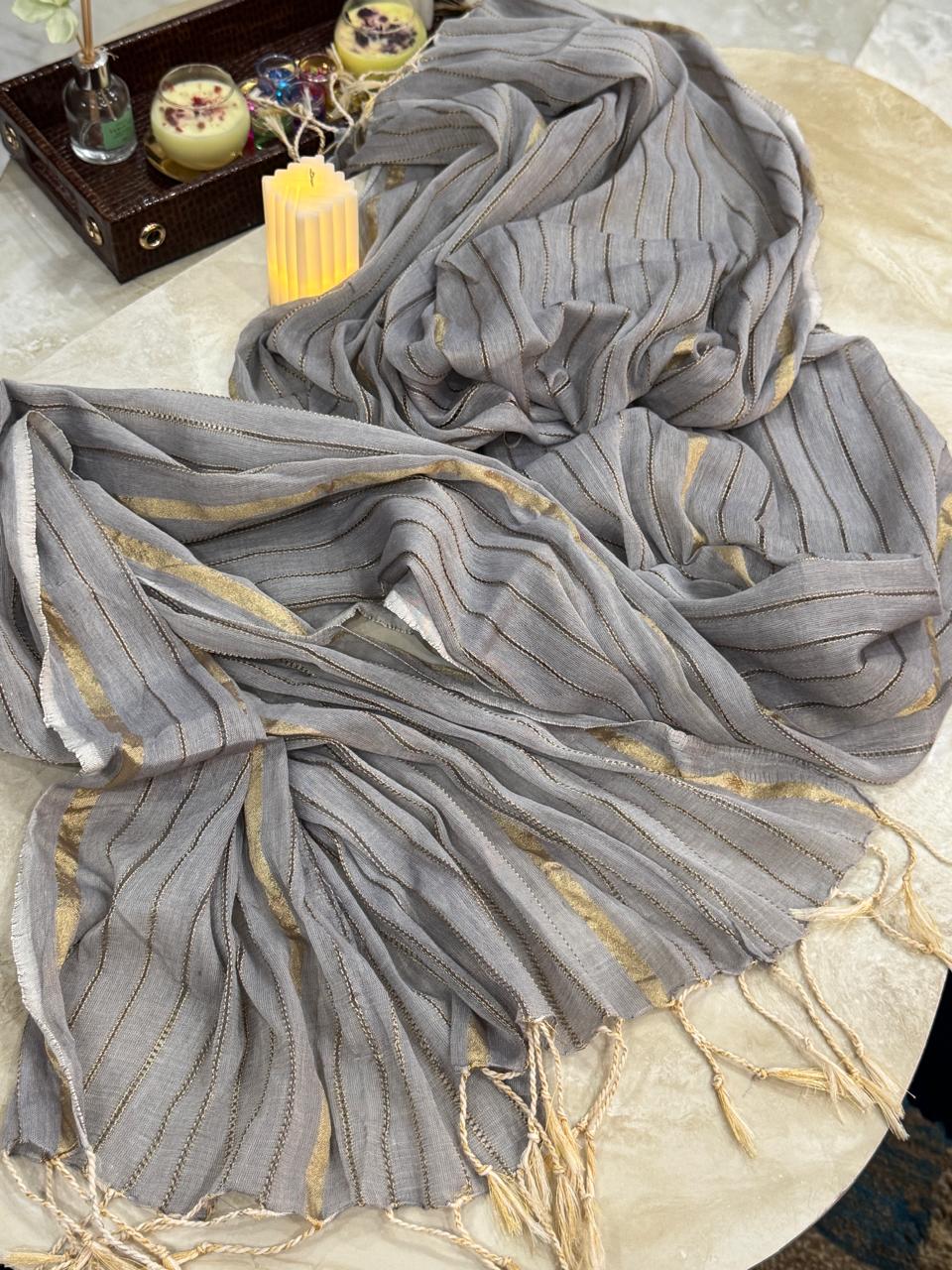 Grey Organza Dupatta with Gold Stripes and Tassels
