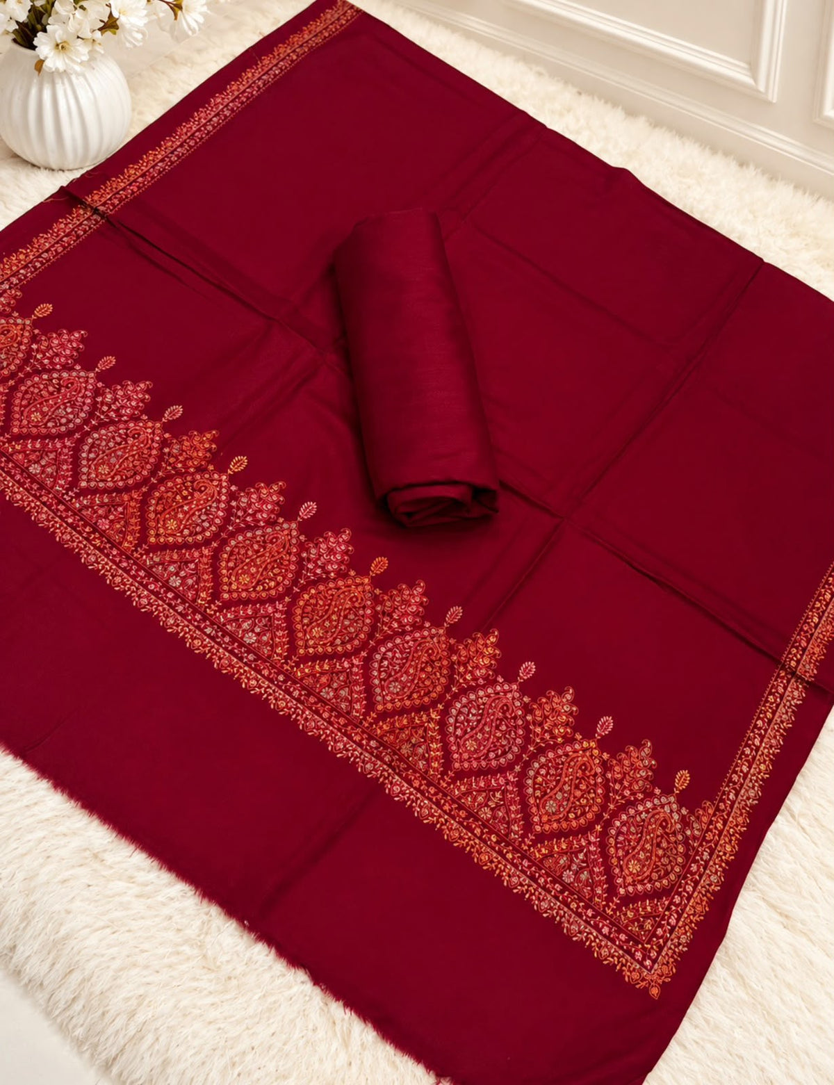 Pashmina Kacha Tanka jal design 3PC Maroon