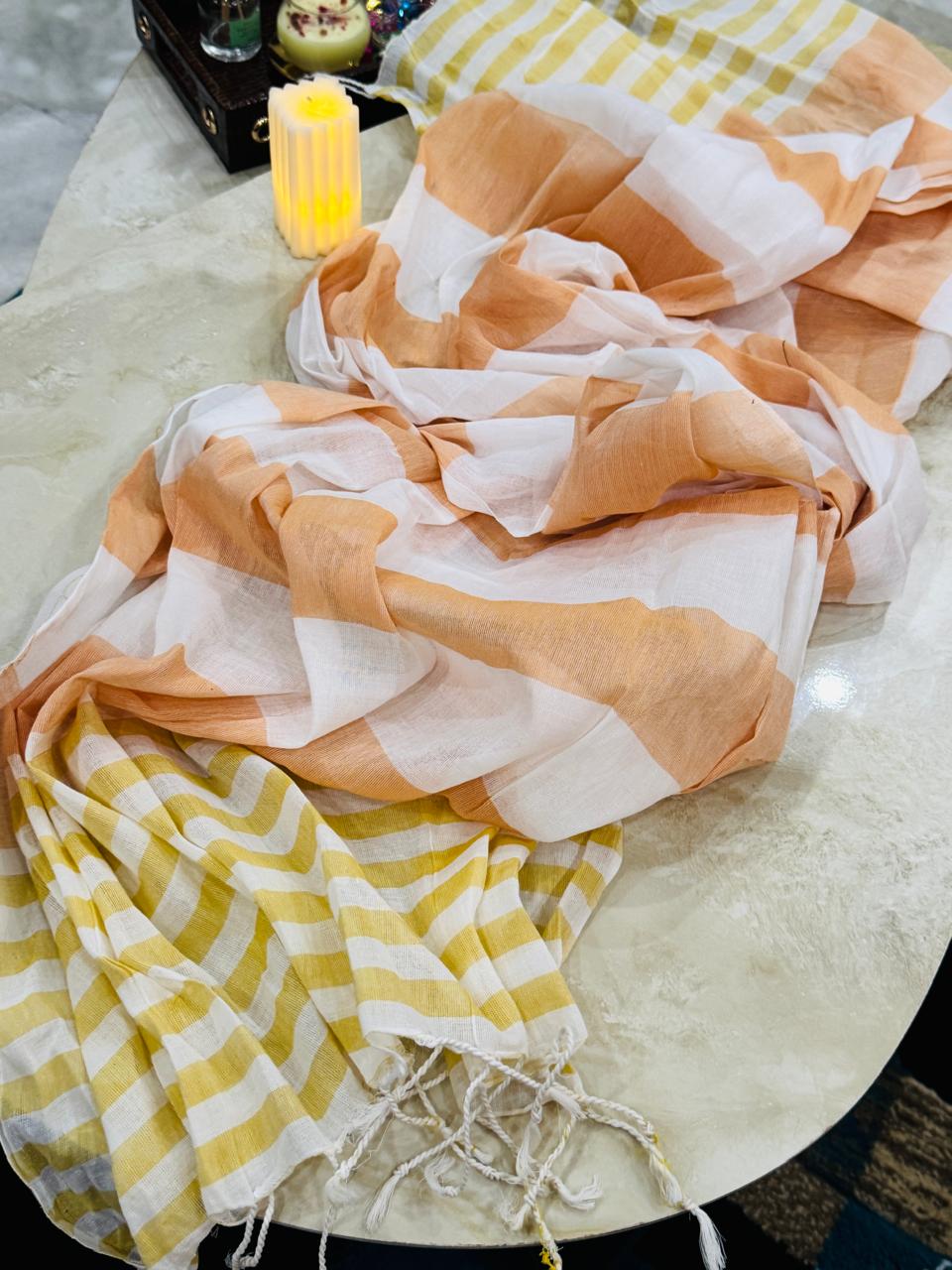 Peach and White Striped Cotton Dupatta