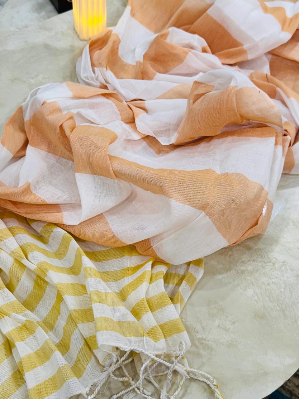 Peach and White Striped Cotton Dupatta