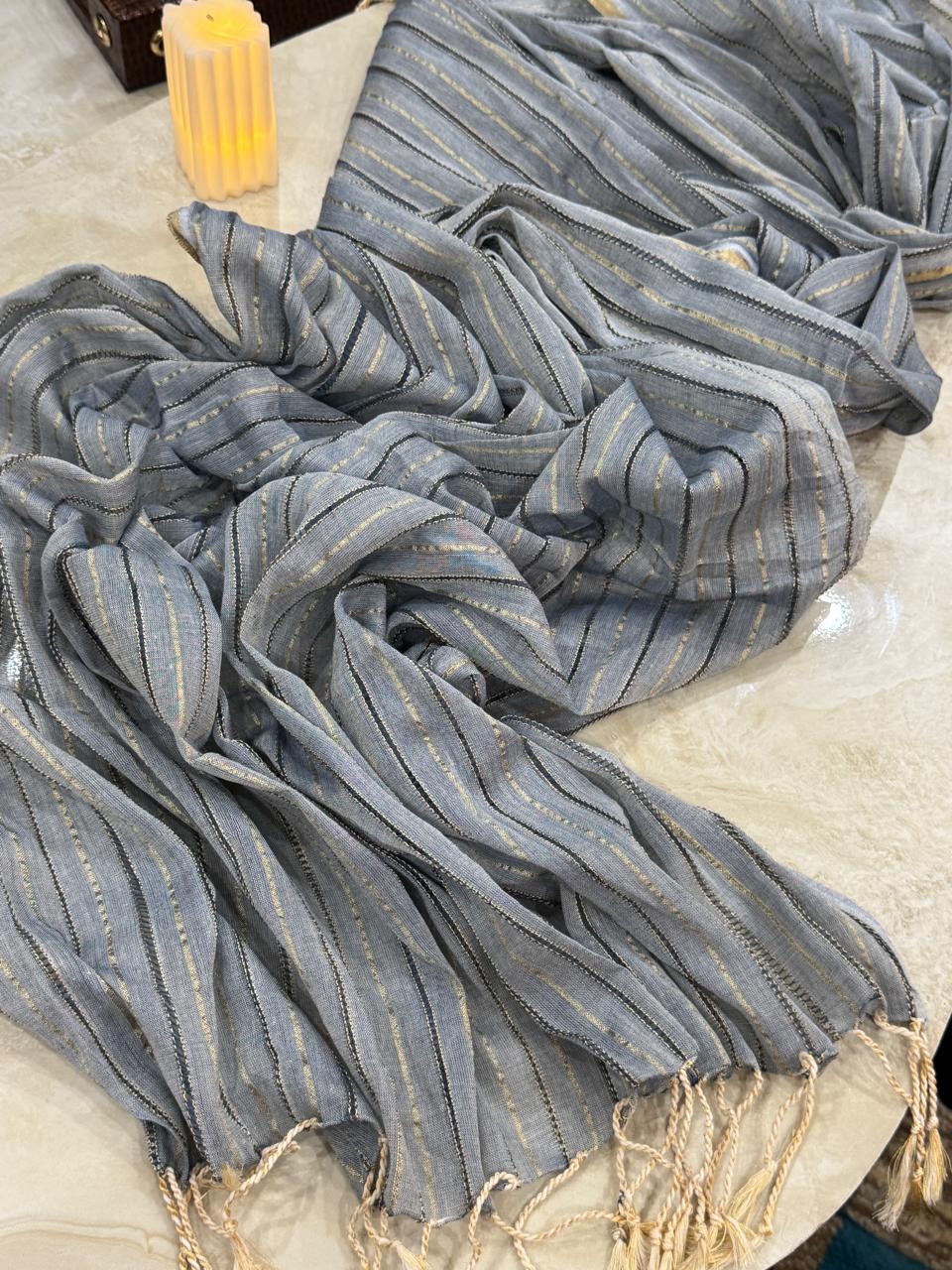 Elegant Grey Striped Cotton Blend Dupatta with Subtle Shine