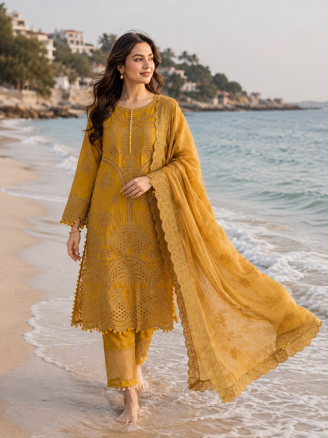 Golden Bloom – 3 Piece Embroidered Suit