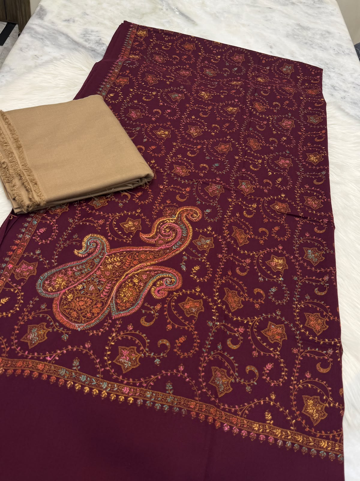 3PC Dhanak Suit with Hand-Embroidered Pashmina Shawl