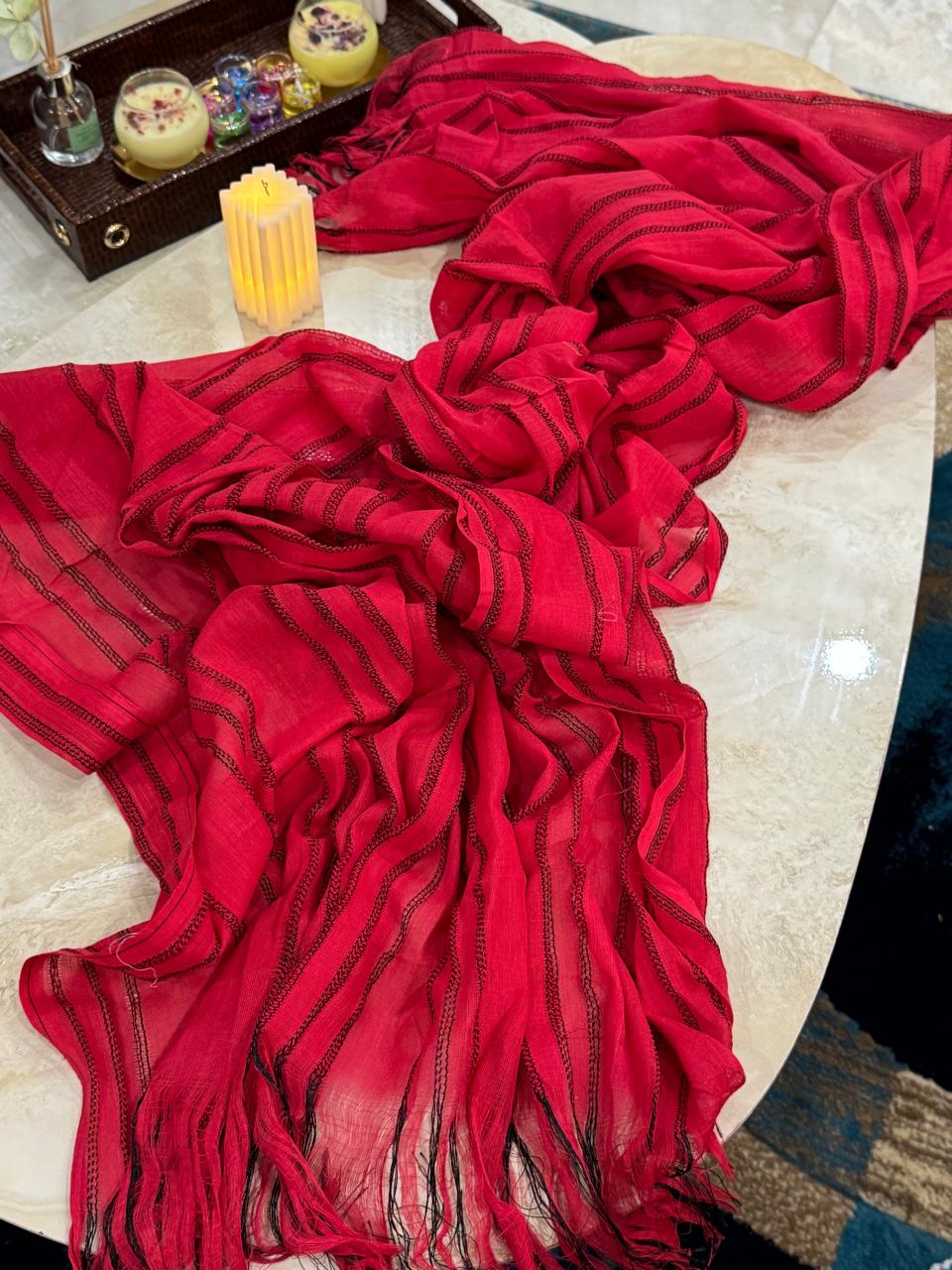 Vibrant Red Dupatta with Black Striped Detailing