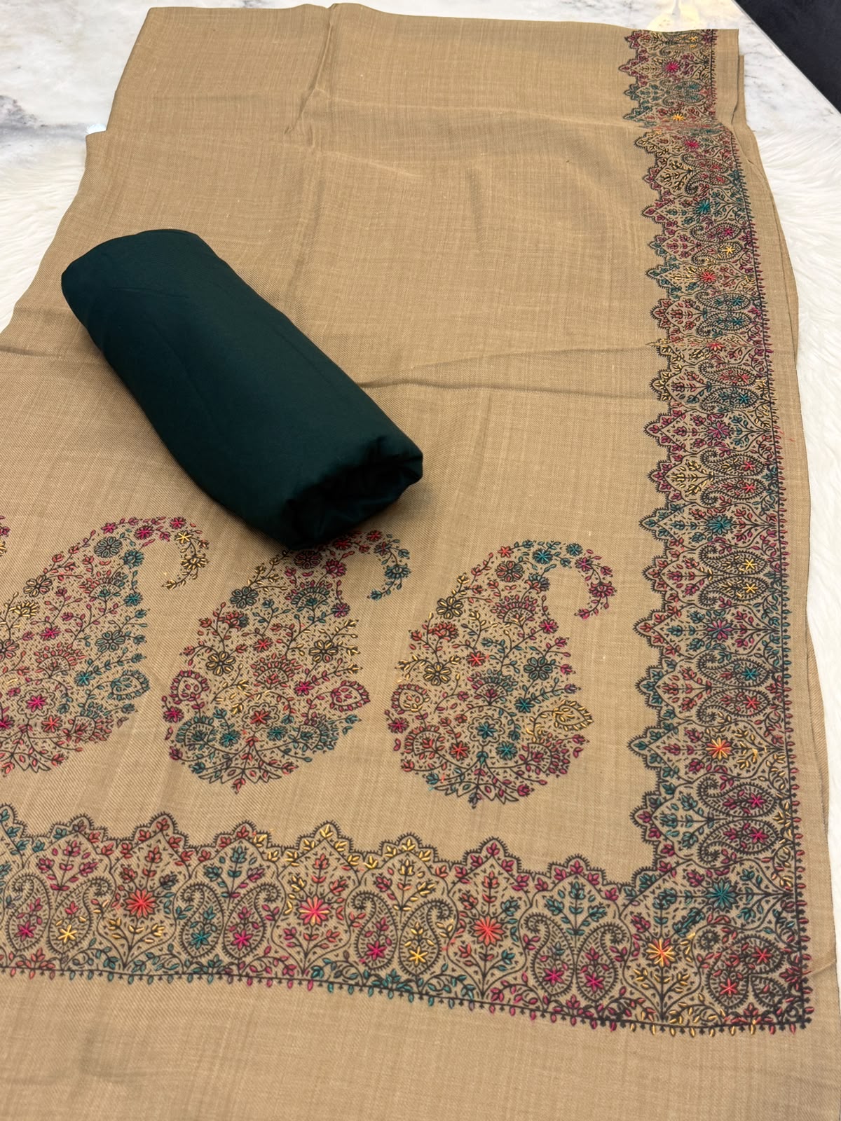 3PC Dhanak Suit with Hand-Embroidered Pashmina Shawl