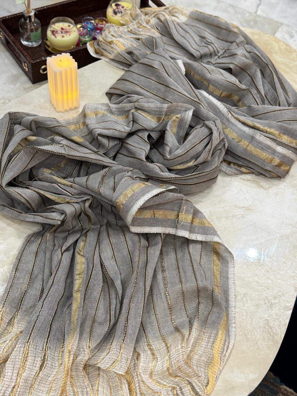 Golden Glow Grey Striped Dupatta – Festive Elegance