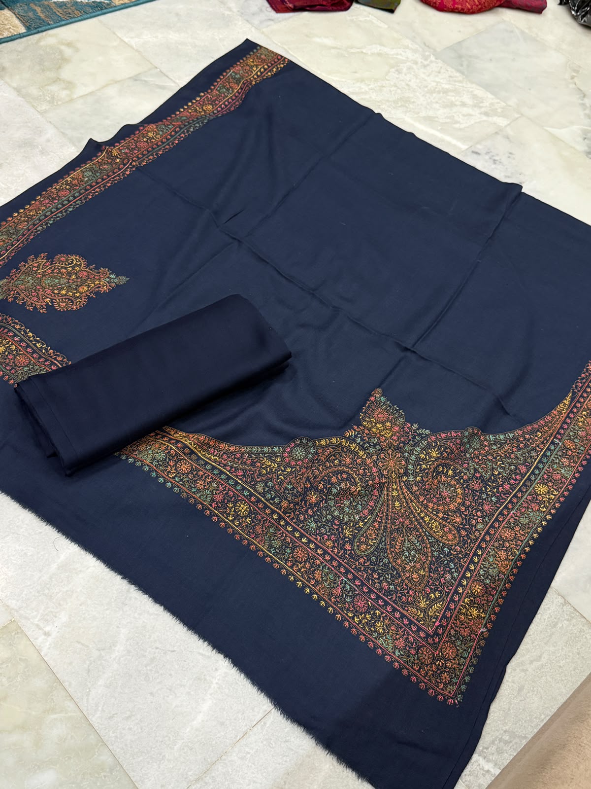 Navy Blue Pashmina Kacha Tanka jal design 3PC
