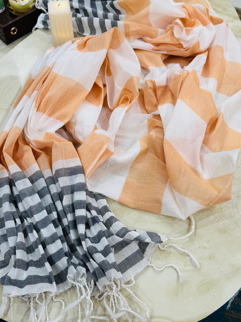 Peach, White & Black Checkered Cotton Dupatta