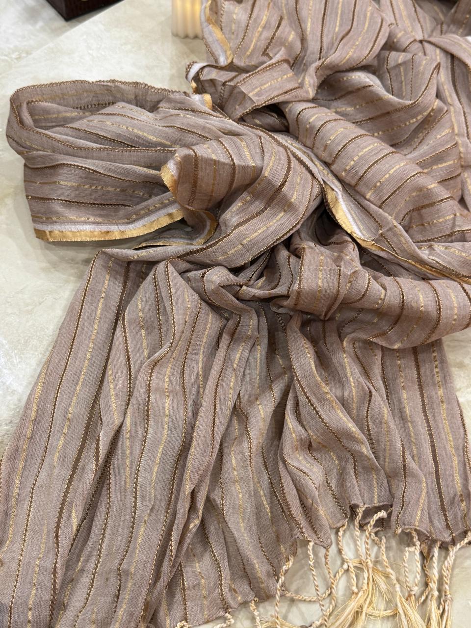 Taupe Gold Striped Organza Dupatta