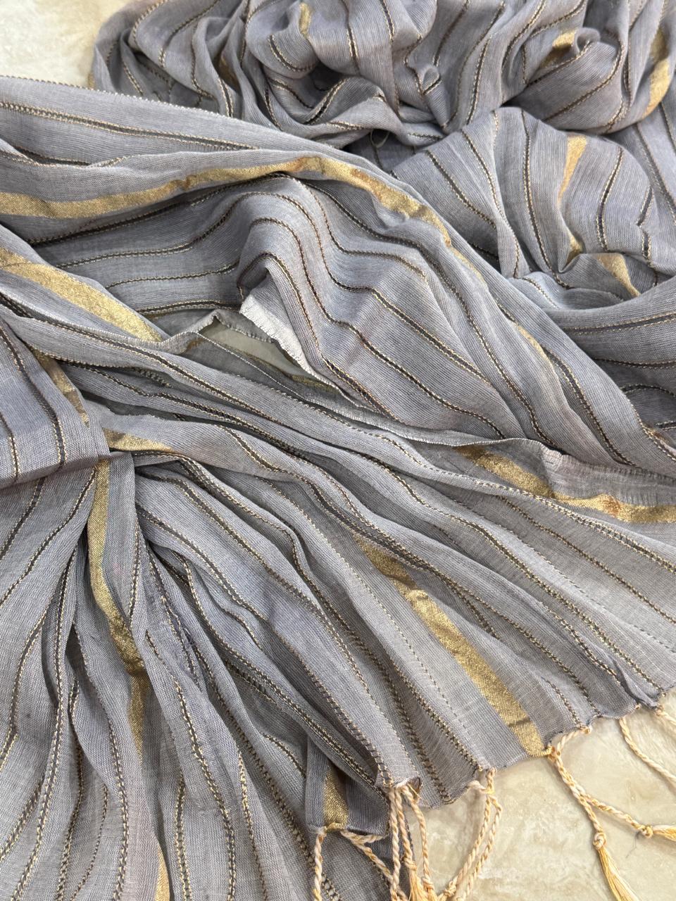 Grey Organza Dupatta with Gold Stripes and Tassels