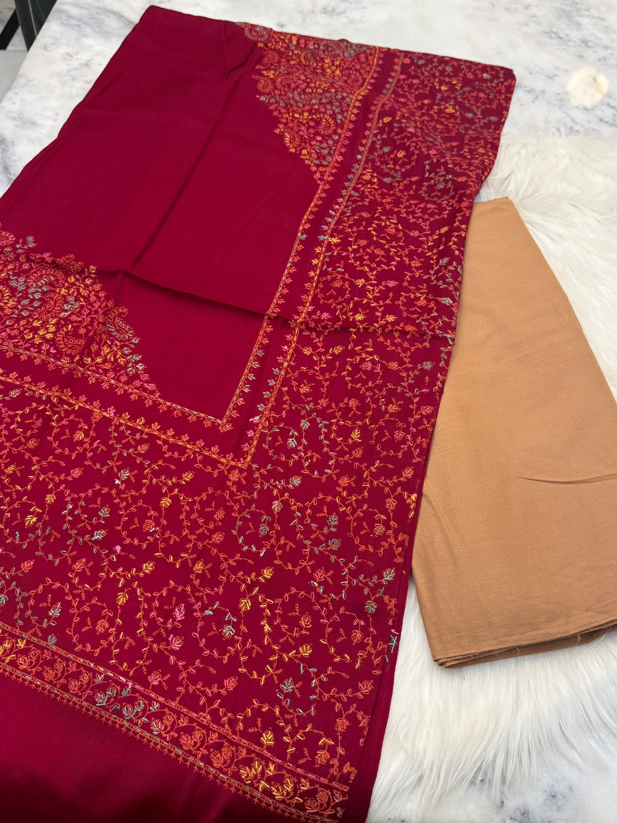 3PC Dhanak Suit with Hand-Embroidered Pashmina Shawl