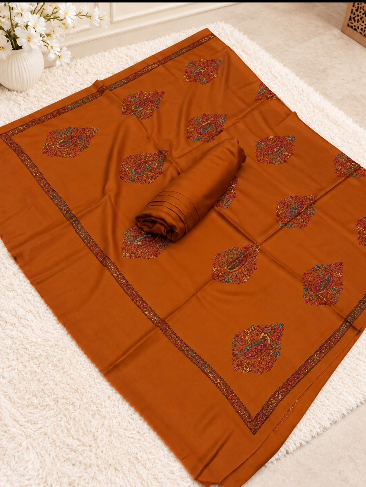 Pashmina Kacha Tanka jal design 3PC Rust
