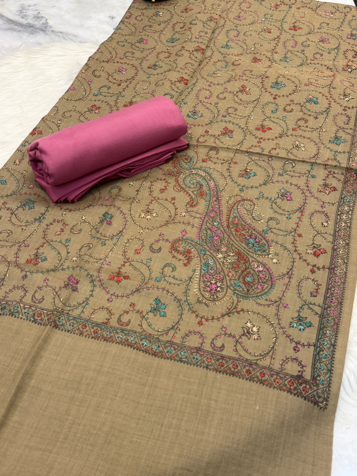 3PC Dhanak Suit with Hand-Embroidered Pashmina Shawl