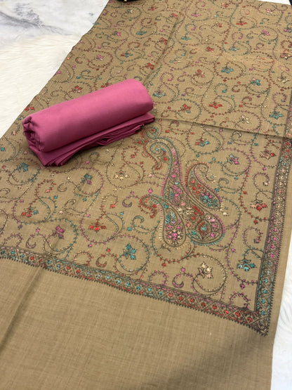 3PC Dhanak Suit with Hand-Embroidered Pashmina Shawl