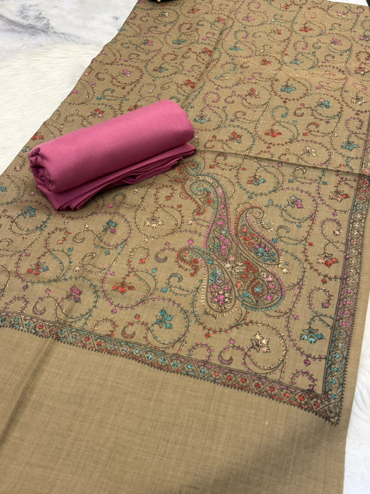 3PC Dhanak Suit with Hand-Embroidered Pashmina Shawl
