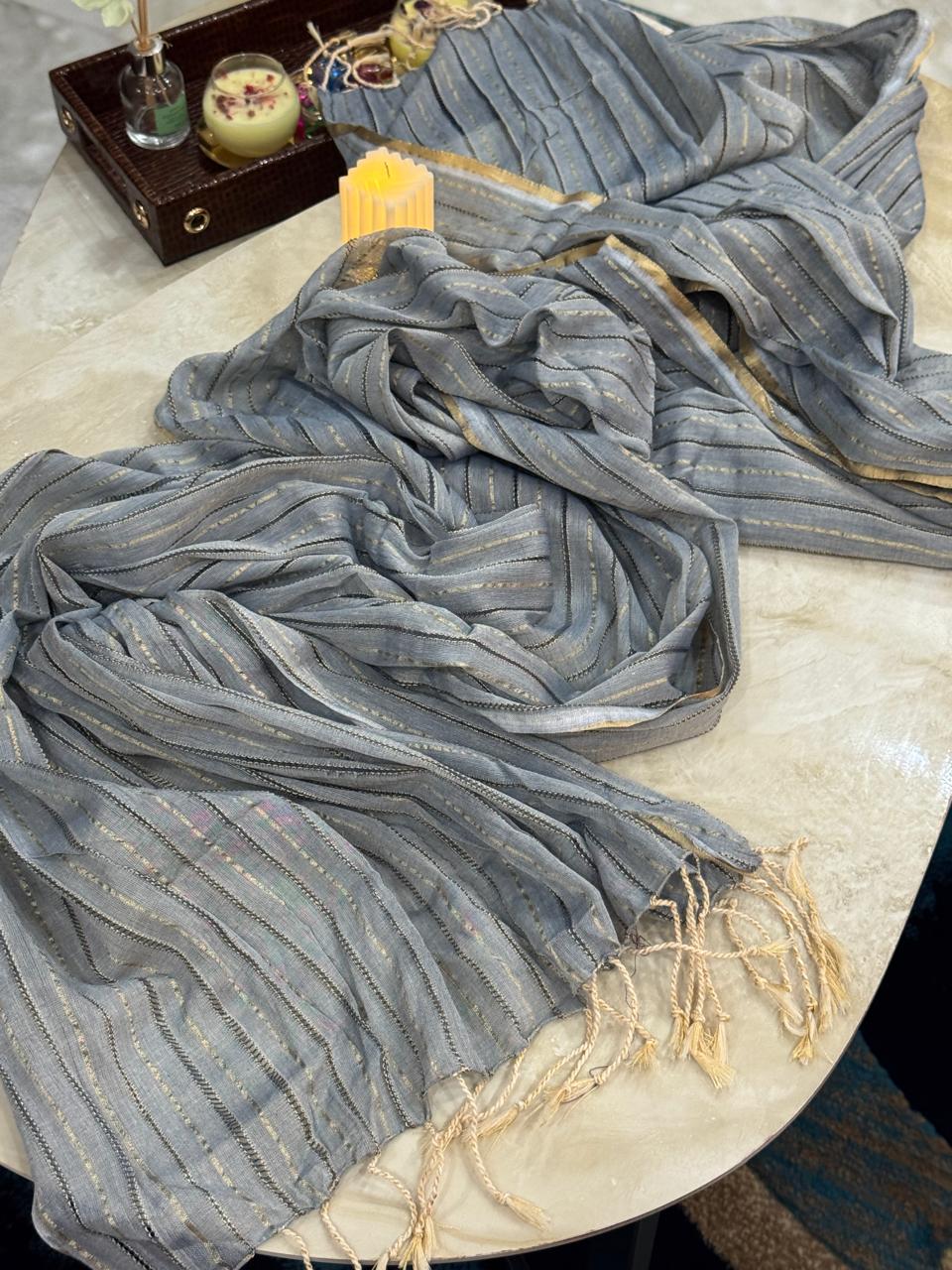 Sky Blue Striped Dupatta with Golden Highlights
