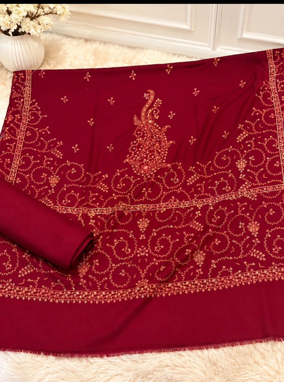 Pashmina Kacha Tanka jal design 3PC Maroon