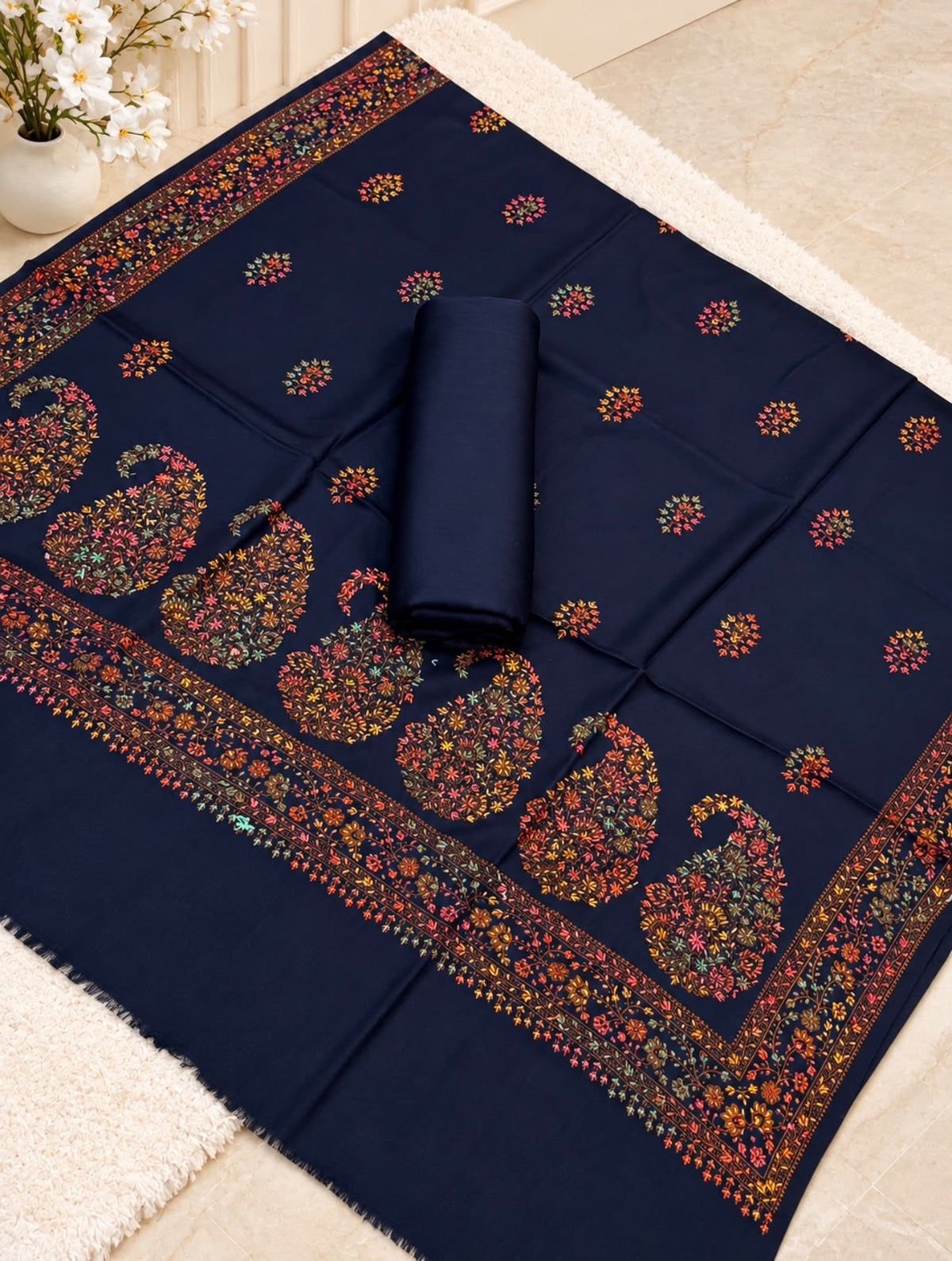 Pashmina Kacha Tanka jal design 3PC Navy Blue