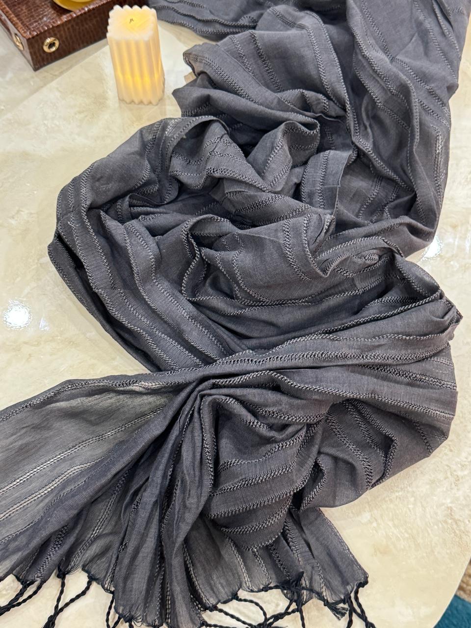 Charcoal Grey Striped Cotton Dupatta with Tassels
