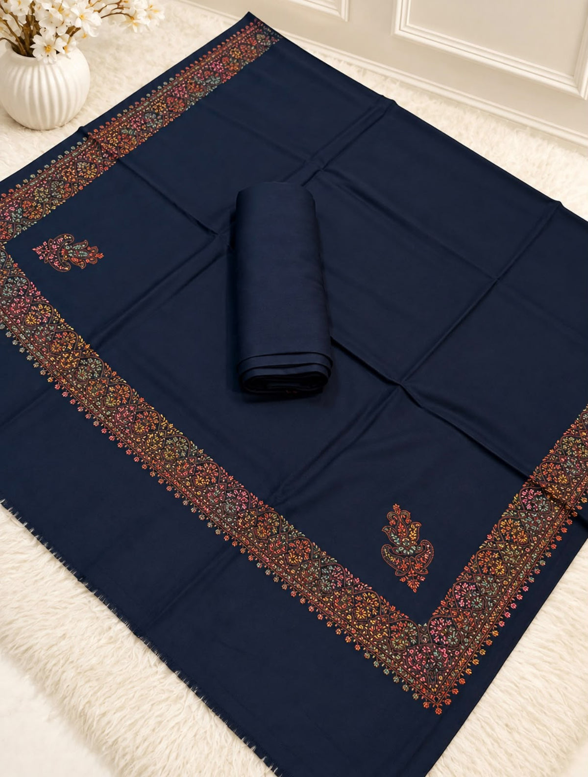 Pashmina Kacha Tanka jal design 3PC Navy Blue
