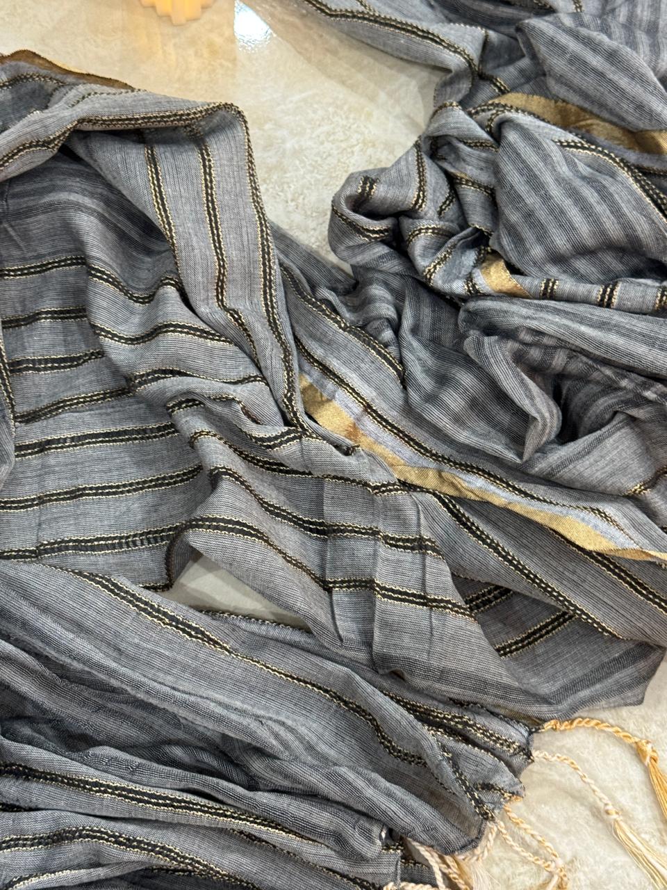 Charcoal Grey Dupatta with Metallic Gold & Black Stripes
