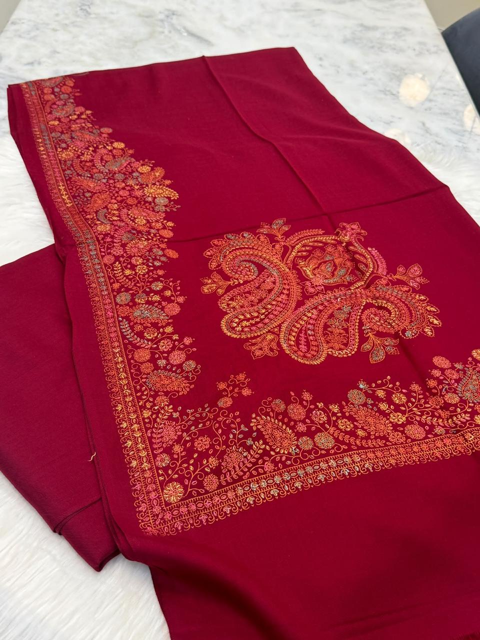 Maroon Pashmina Kacha Tanka jal design 3PC