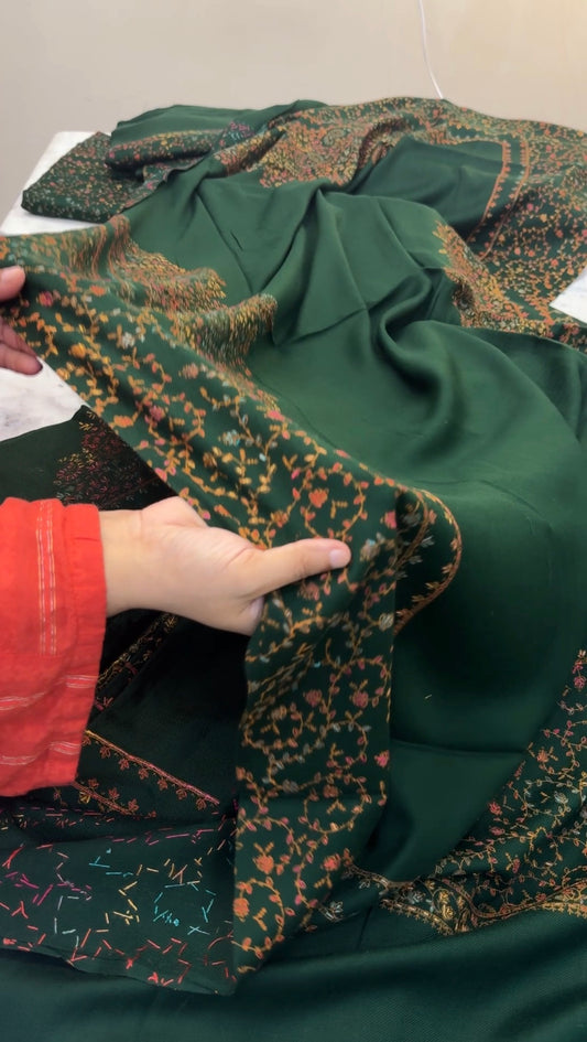 Pashmina Kacha Tanka Taj bottle green  3PC