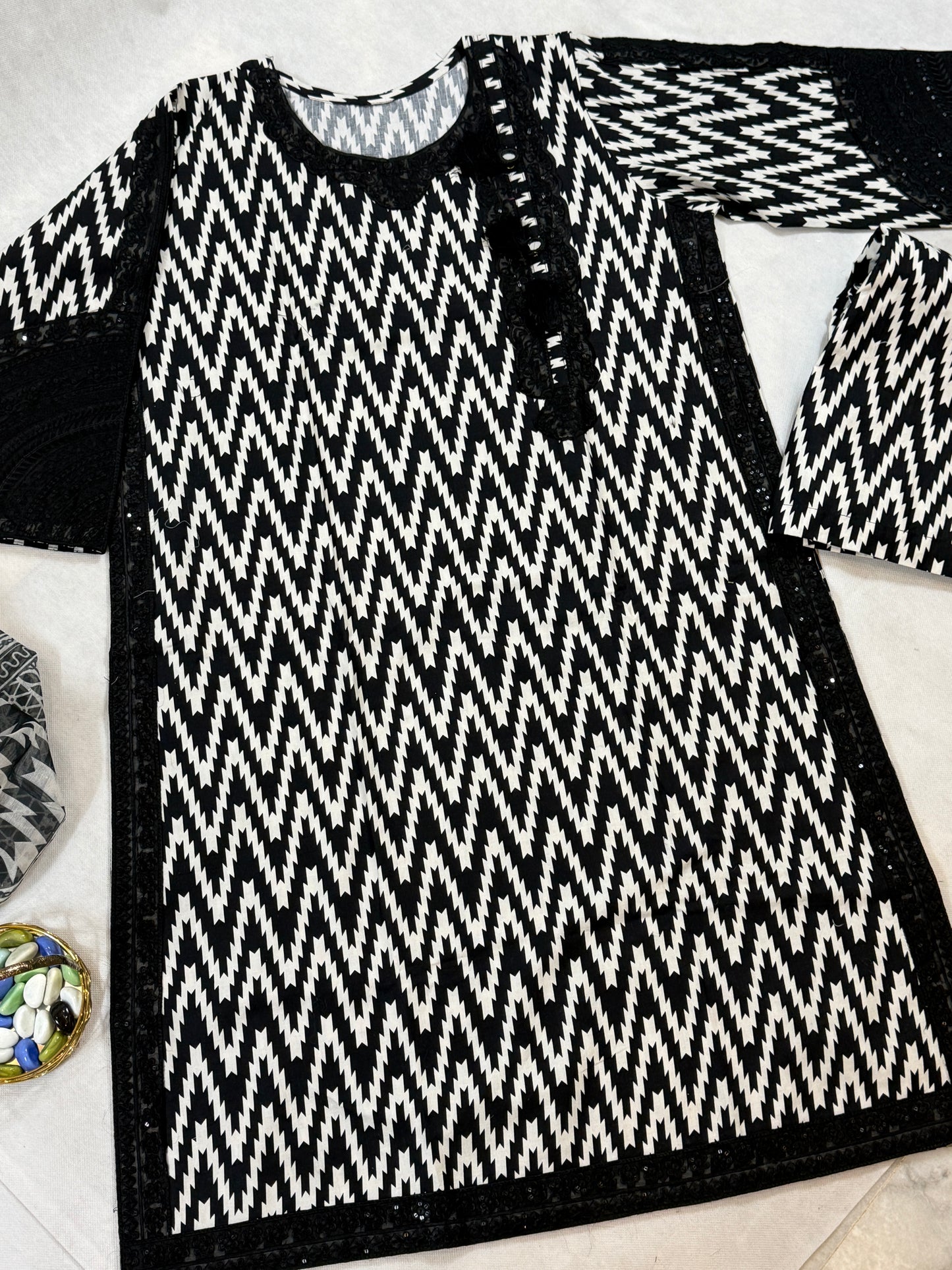 Black and white stitched