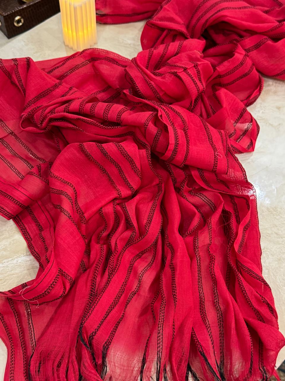 Vibrant Red Dupatta with Black Striped Detailing