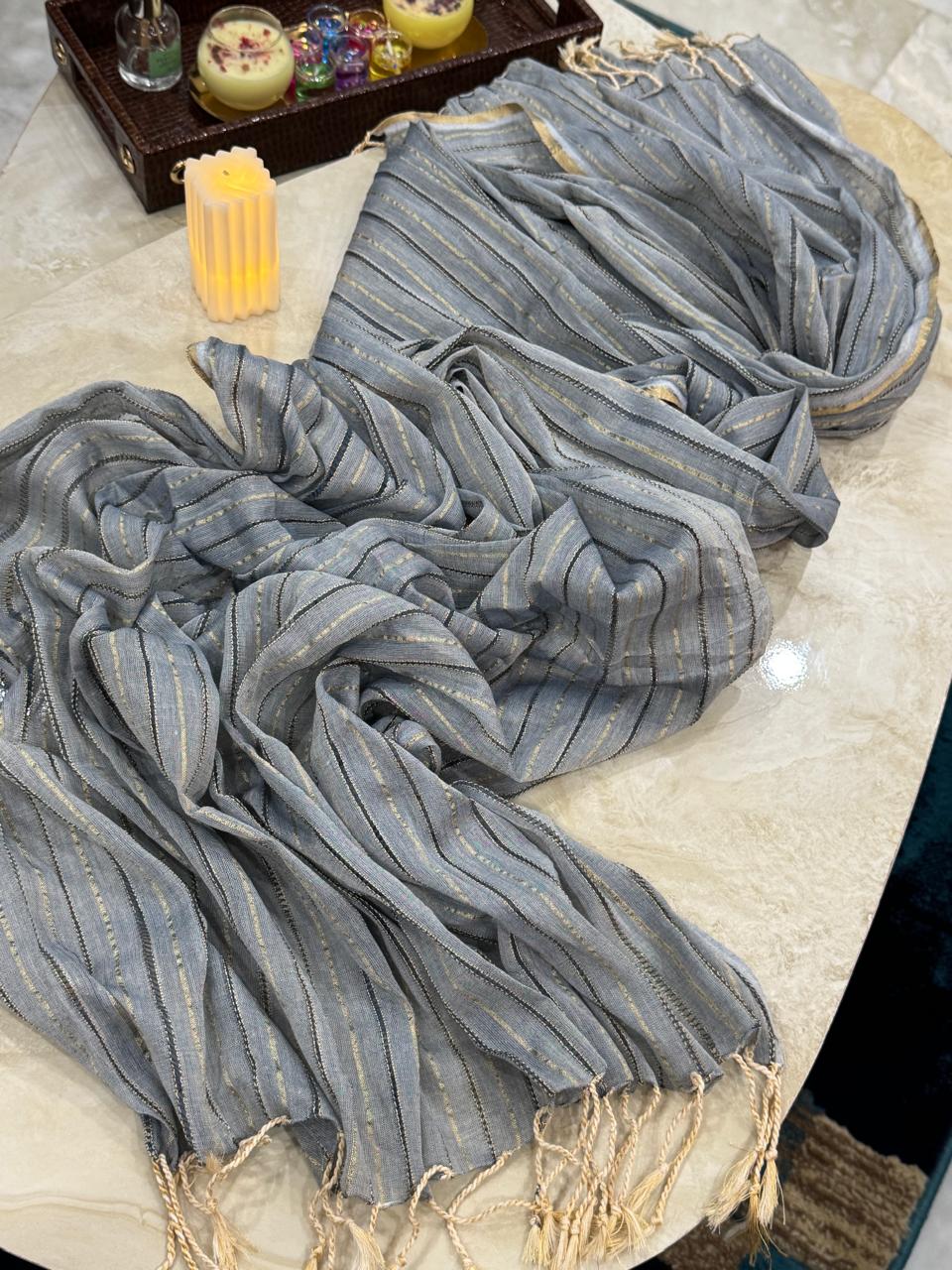 Elegant Grey Striped Cotton Blend Dupatta with Subtle Shine