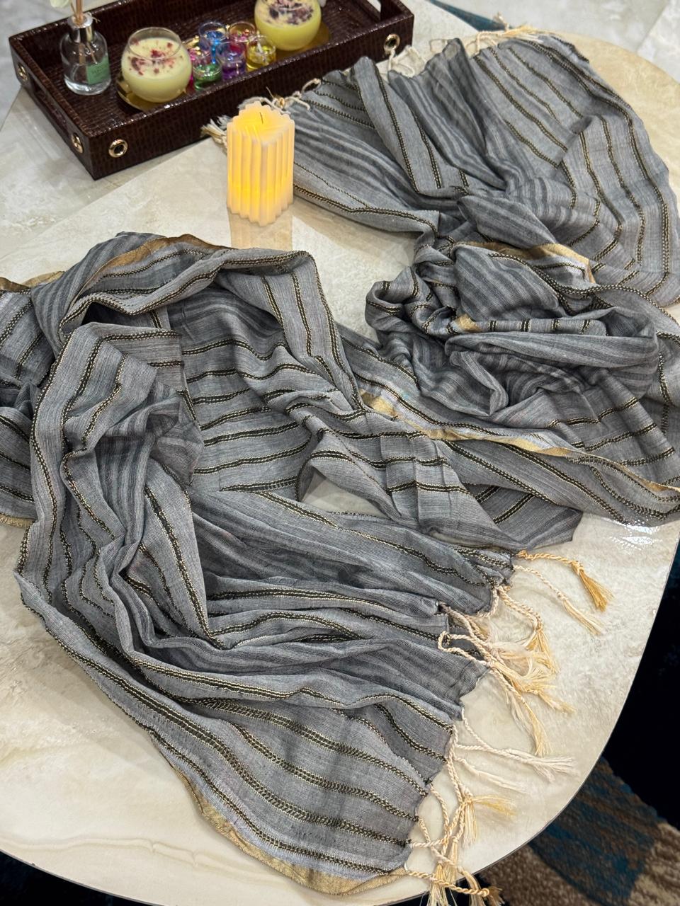 Charcoal Grey Dupatta with Metallic Gold & Black Stripes