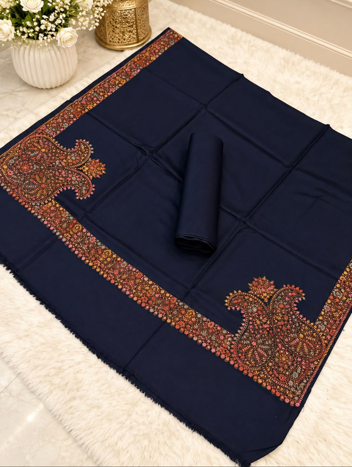 Pashmina Kacha Tanka jal design 3PC Navy blue