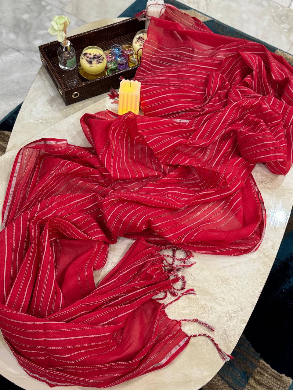 Classic Red Dupatta with Silver Thread Stripes