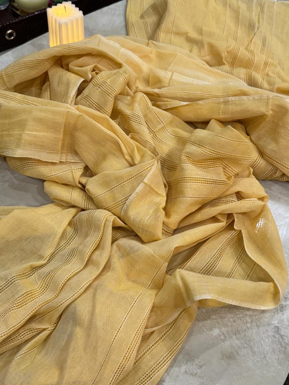 Mustard Yellow Cotton Dupatta with Subtle Stripe Detailing