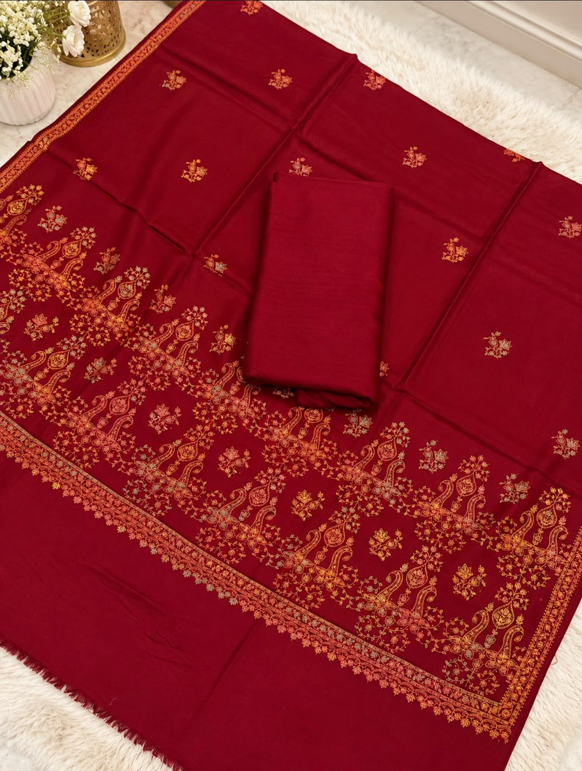 Pashmina Kacha Tanka jal design 3PC Maroon
