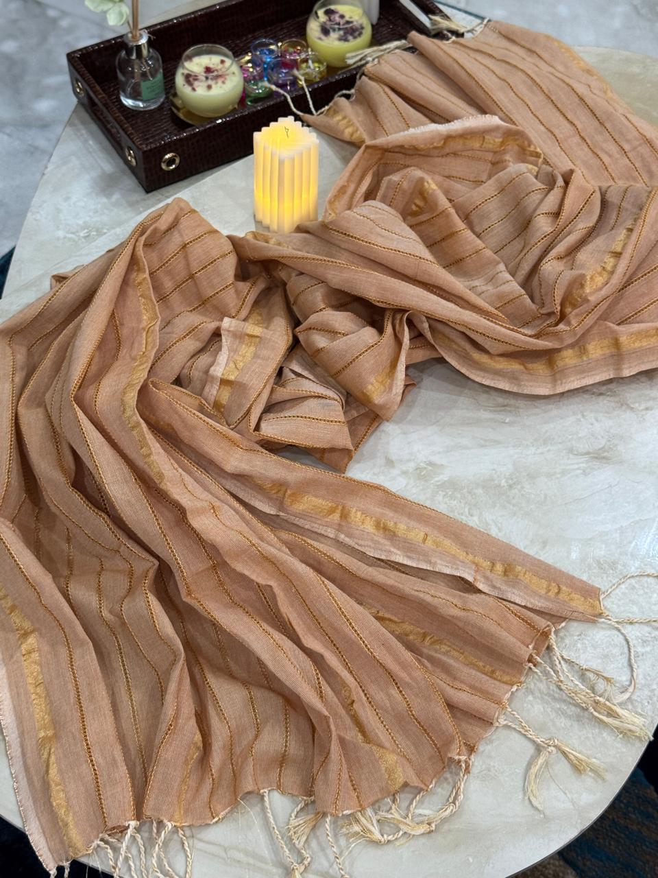 Soft Peach Striped Dupatta with Golden Accents